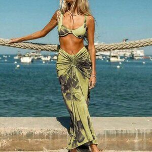 green tones Luxury Sexy Women's Resort Beach Floral bikini and  Swimsuit coverup